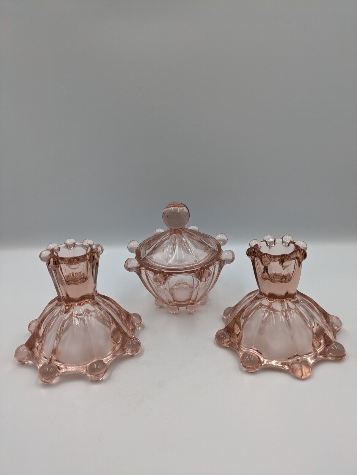 ART DECO VINTAGE GLASS DEPRESSION PINK GLASS CANDLESTICKS & LIDDED POT VANITY