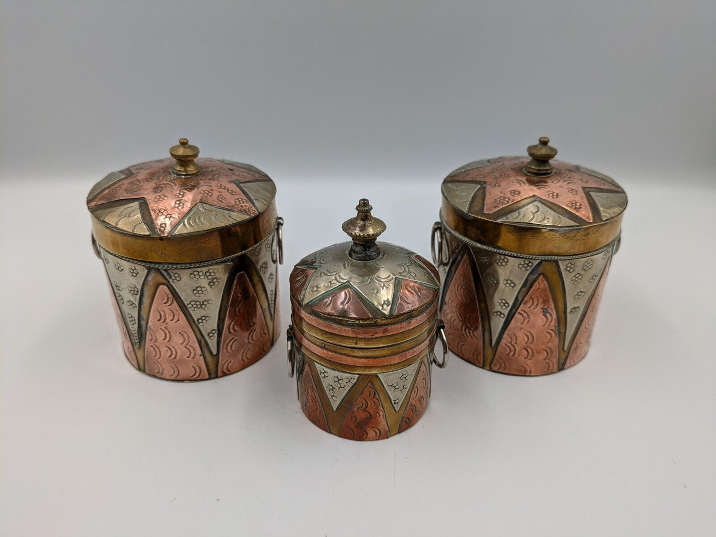 SET OF 3 VTG ISLAMIC PERSIAN COPPER BRASS MIXED METALS SNUFF HANGING BOX GIFT