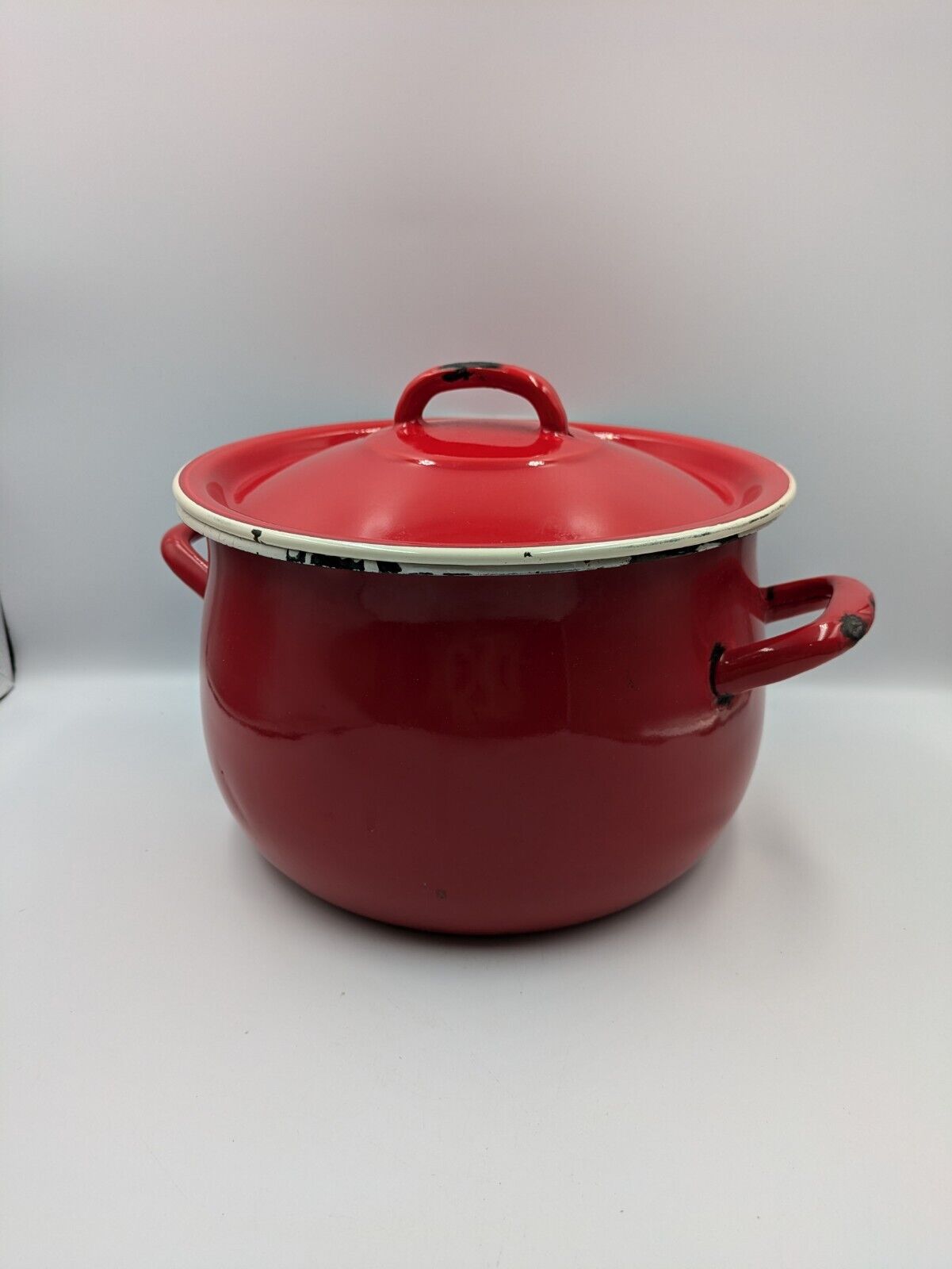 Red Enamel Lrge Cooking Pot Casserole Vtg Retro 1907 Olkusz Poland Prop Kitchen