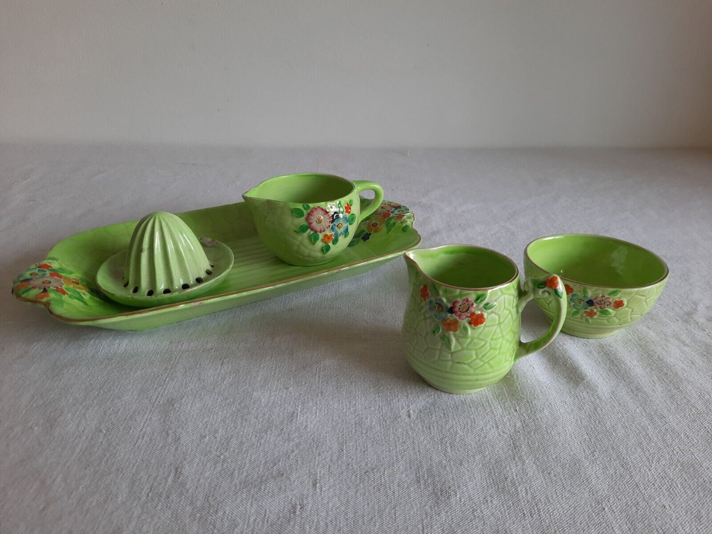 CROWN DEVON ART DECO FIELDINGS GARDEN PATH 1930s VTG JUG DISH BOWL SET JUICER