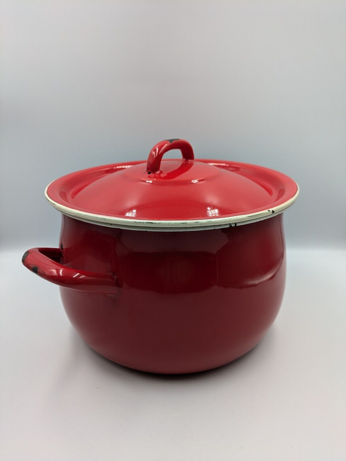 Red Enamel Lrge Cooking Pot Casserole Vtg Retro 1907 Olkusz Poland Prop Kitchen