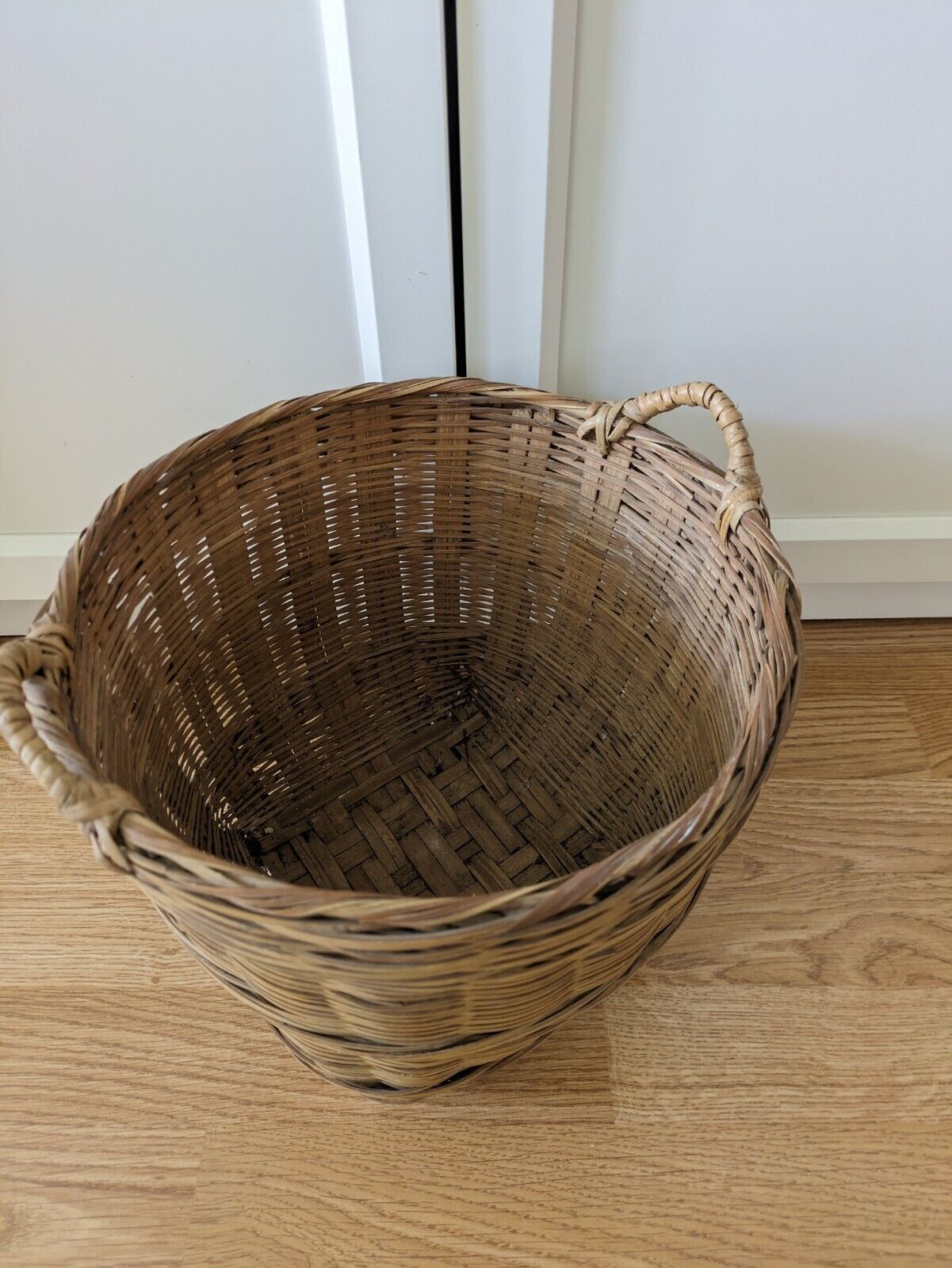 Vintage Asian Wicker Bushel Basket Handles Rattan Frame Storage Sturdy Bucket