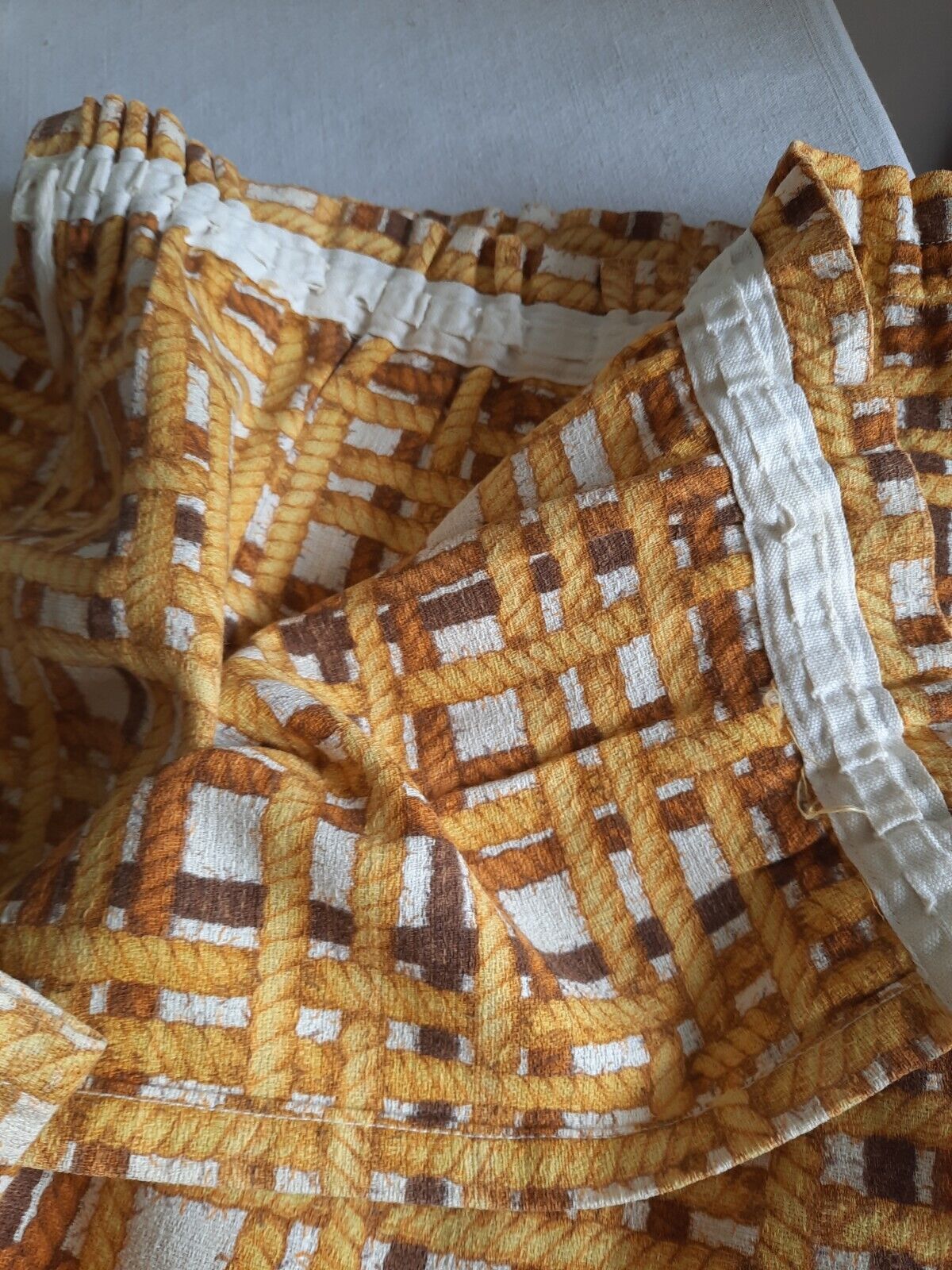 Pair of barkcloth Curtains Rope rare retro vintage braided trompe-l’oeil Rare