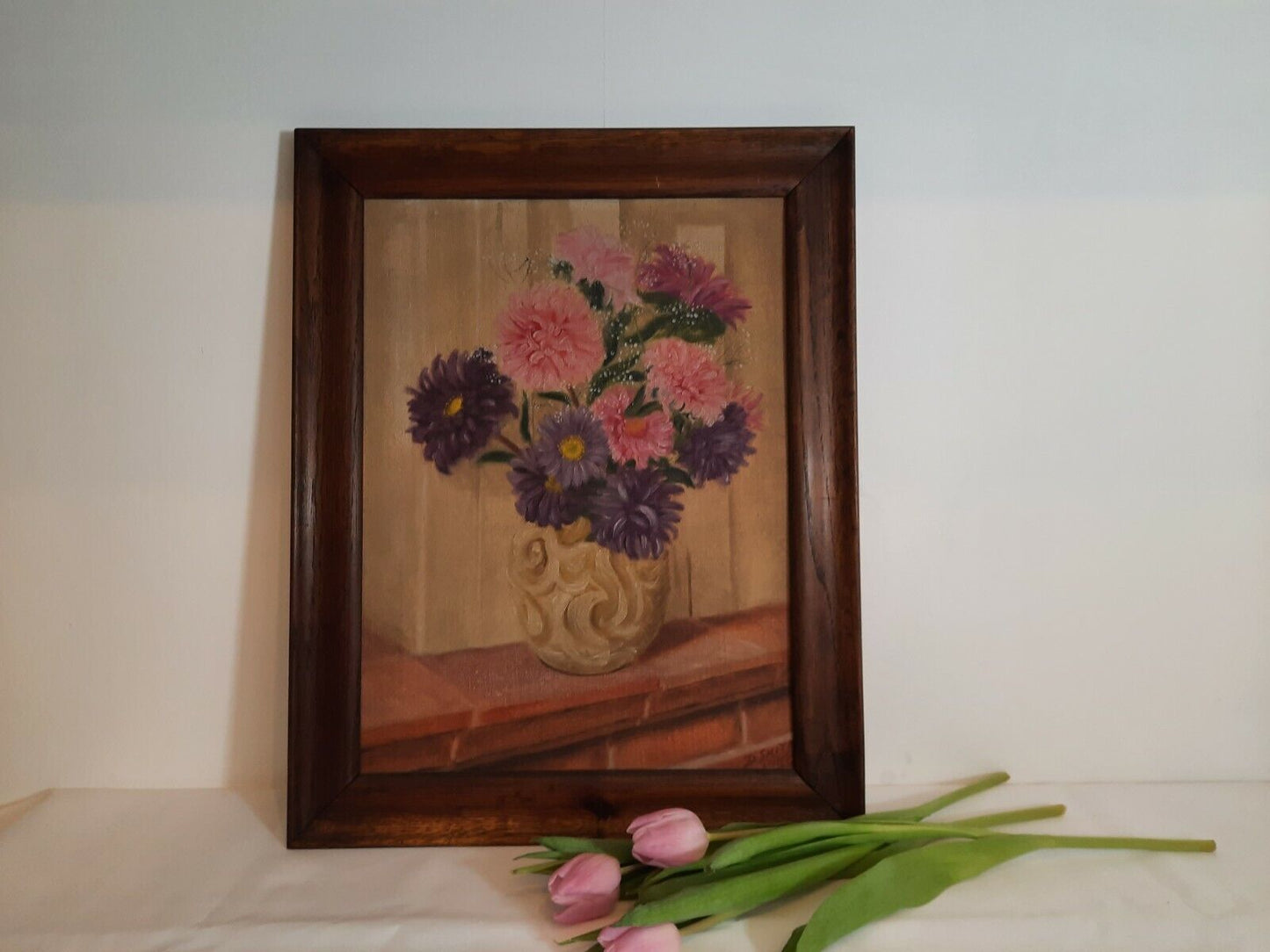 Original Old Vintage Mid Century 1950's Still Life Floral Oil Painting-Signed