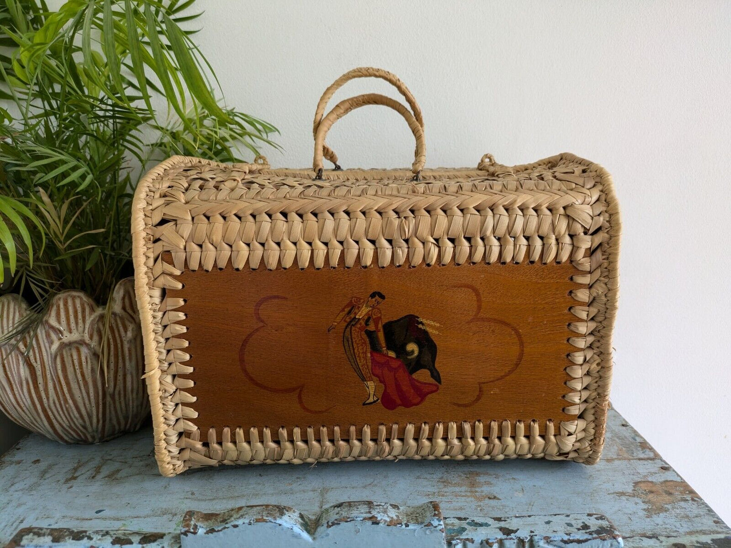 Vintage 1960s Spanish Tote Bag mid Century Wicker and Wood Hand Painted Floral