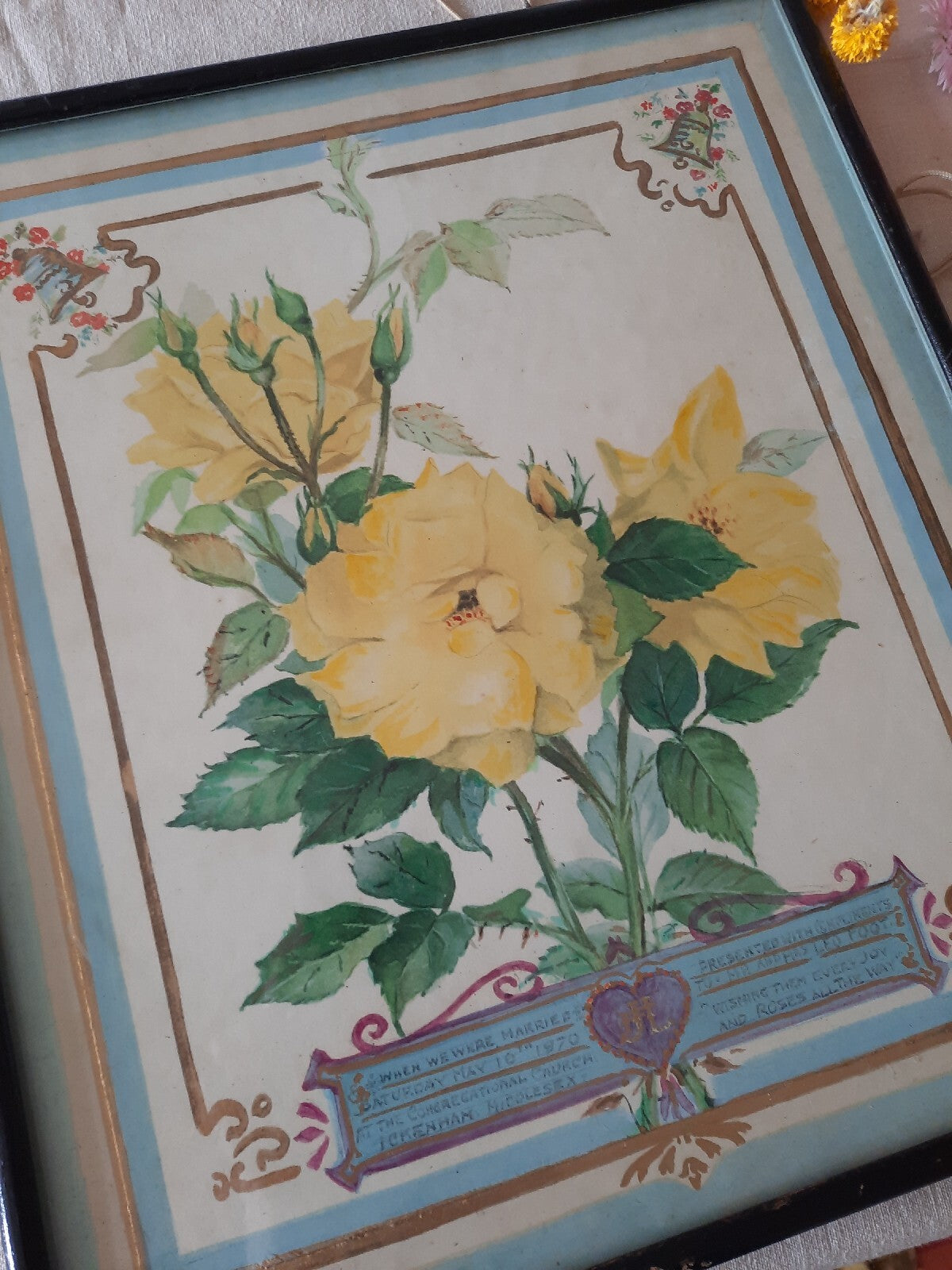 1970s Original Vintage Still Life Of Roses Painting Hand Dye Yellow Wedding Rare