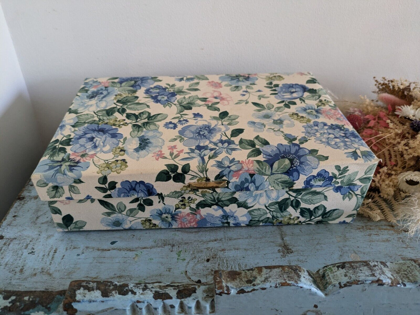 vintage floral Ribbon jewellery box Rose flowers organizer fabric cover Sew Blue