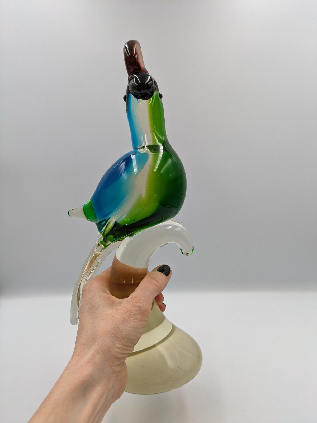 XL Murano Style Aummika Art Glass Green Blue Cockatoo / Parrot Figurine 32.5cmH