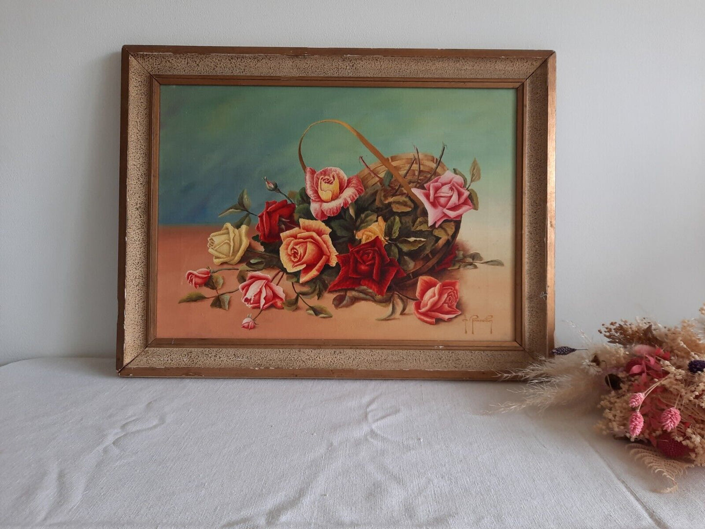 1950's Painting Floral Bouquet Picture frame vintage Shabby Chic Still Life Old