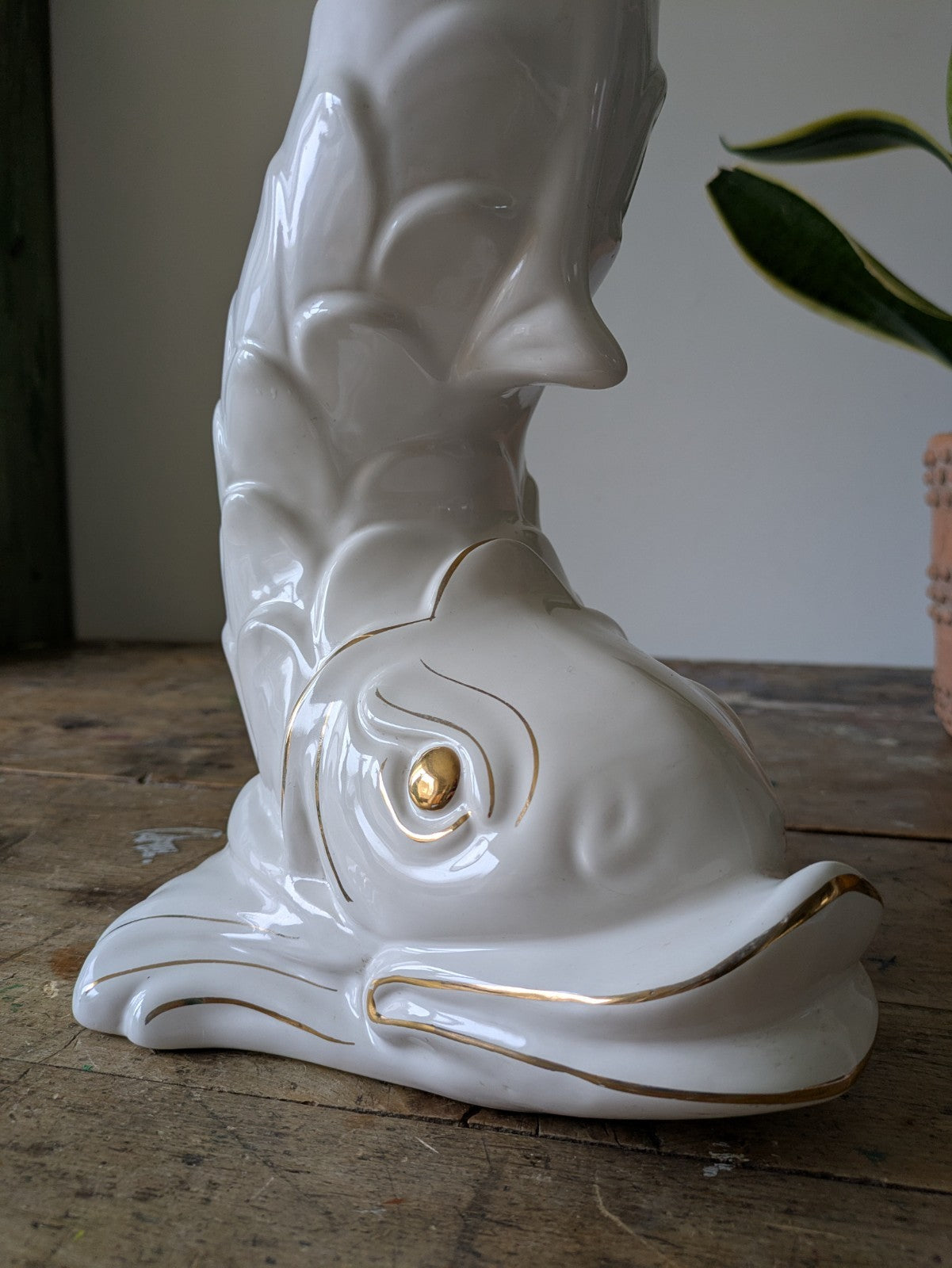 XL DOLPHIN CERAMIC CAPODIMONTE ITALIAN WHITE MID CENTURY VTG PLANT STAND TABLE