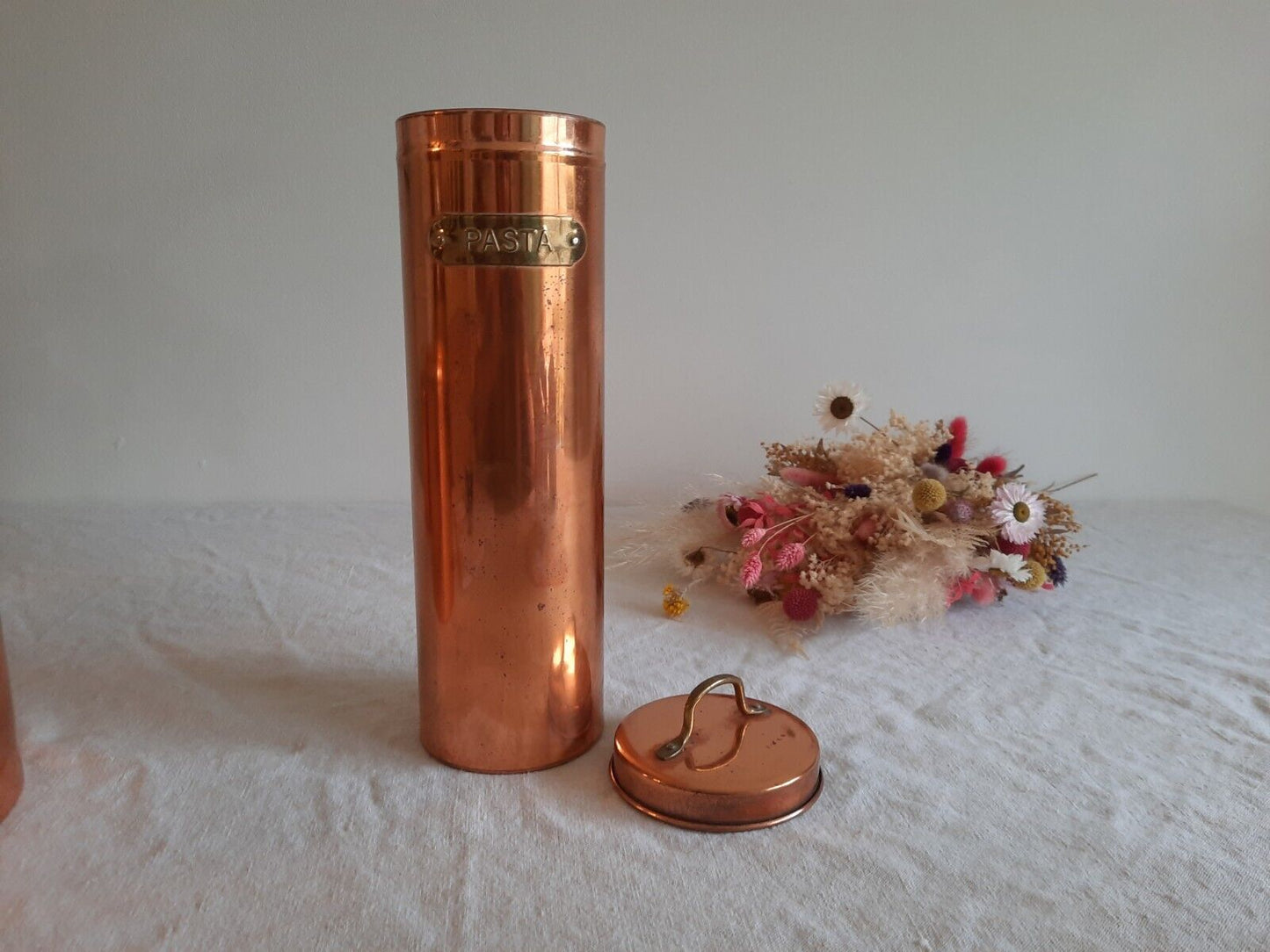 Vintage Tall Copper "Pasta" Tin Container Brass Lettering Jar Display Prop Old