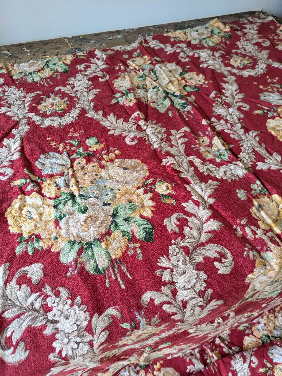 Unused vintage 50's Beaufort barkcloth fabric 116.5cm X 2.56m red Floral Rose