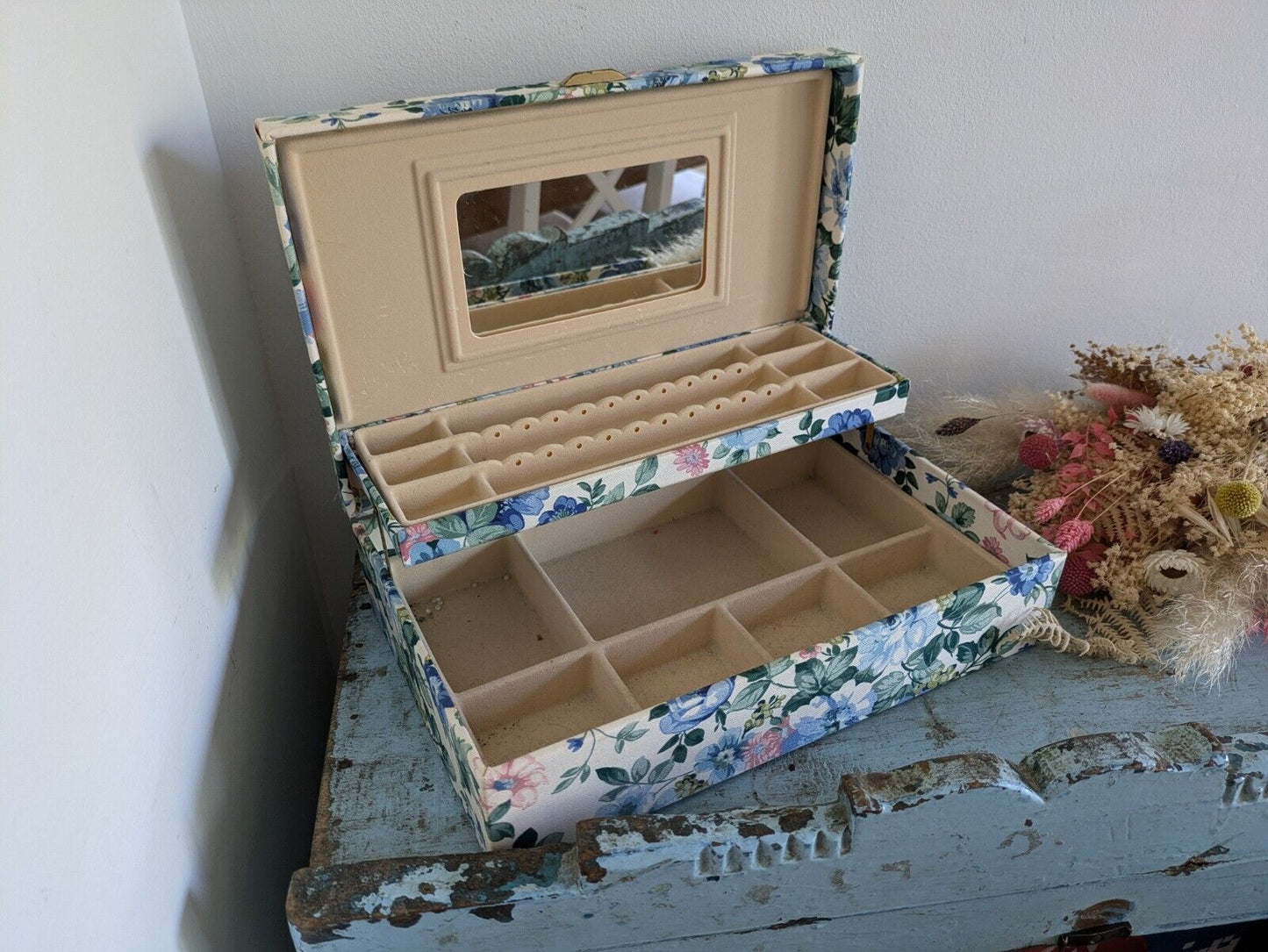 vintage floral Ribbon jewellery box Rose flowers organizer fabric cover Sew Blue