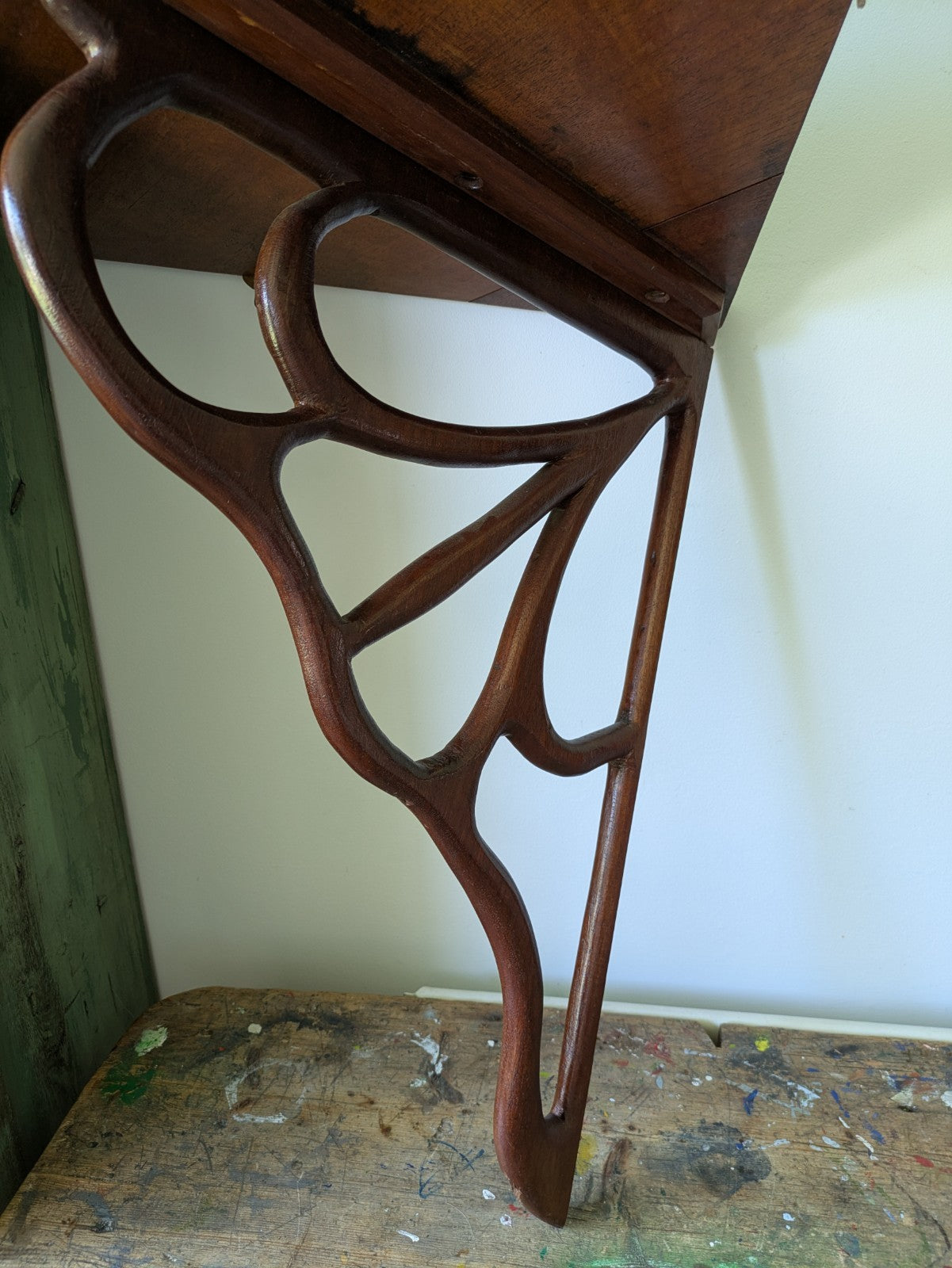 Antique Mahogany Art Nouveau C1890 Hanging Corner Shelf Wood Scroll Victorian
