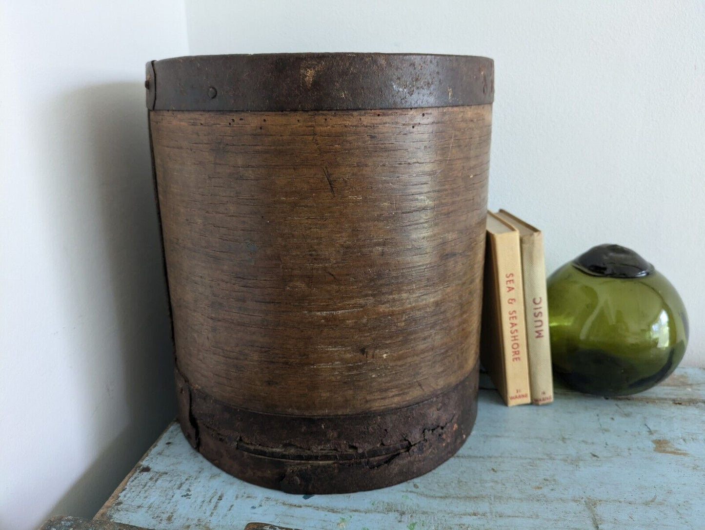 Vintage Bentwood Primitive Heavy Iron Grain Measure Pot Handmade Banded Metal