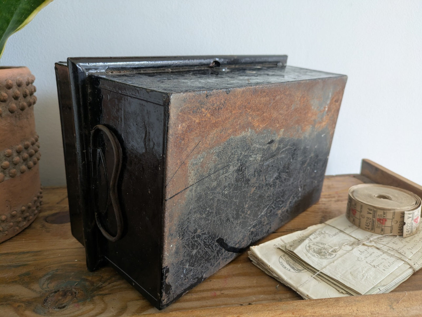 Vintage Metal Box Document Deed BOX Black Latch Hinged Lid Medium Cash Tin File