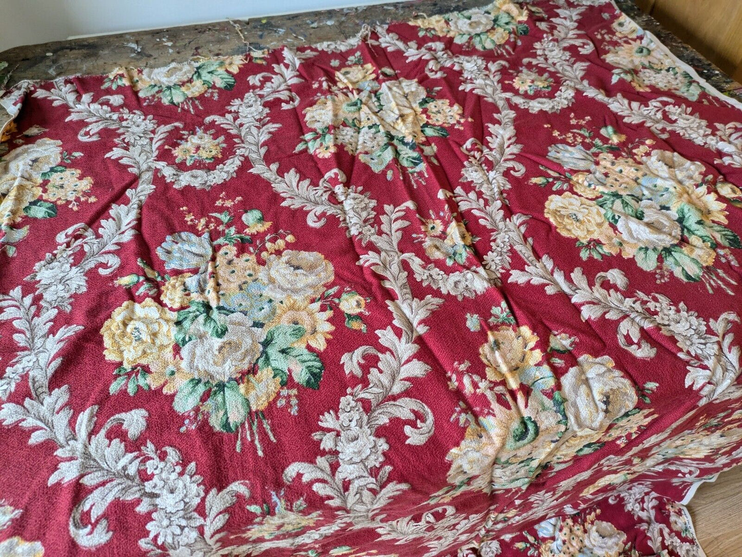 Unused vintage 50's Beaufort barkcloth fabric 116.5cm X 2.56m red Floral Rose