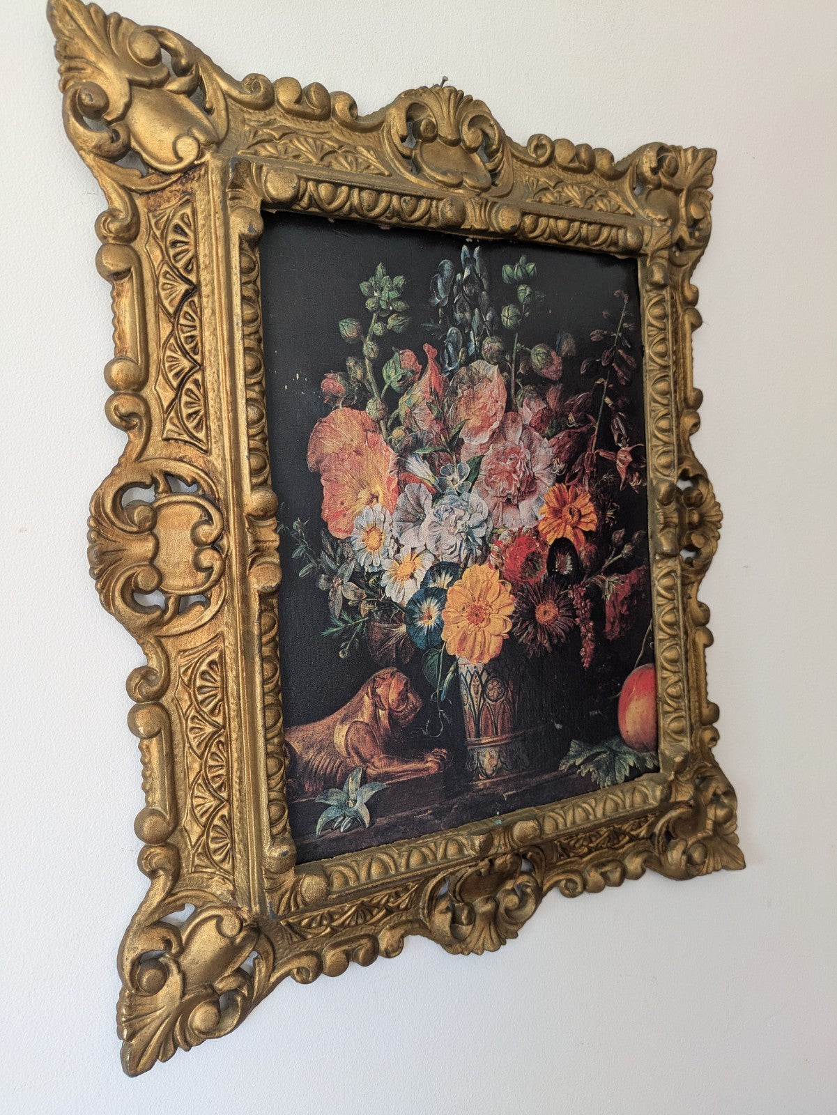 Vtg Gold Gilt Ornate Deep Carved Faux Wood Frame Floral Art Print Italy Grifo
