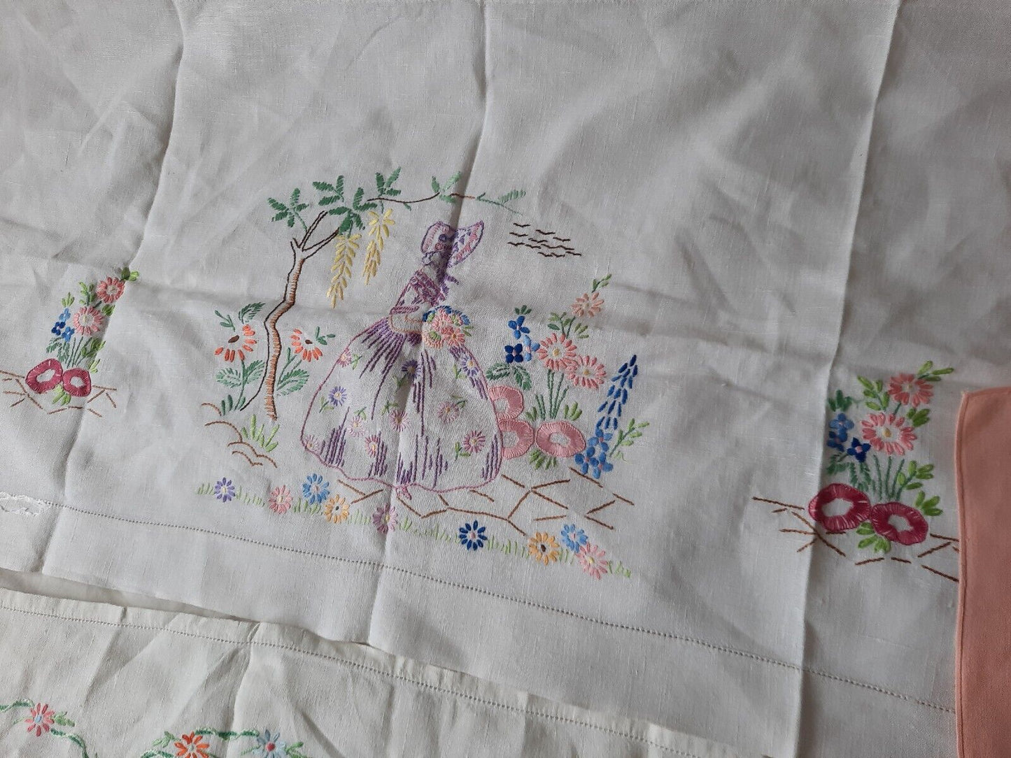 Job lot vtg embroidered retro table cloths cotton floral runner crinoline lady!!