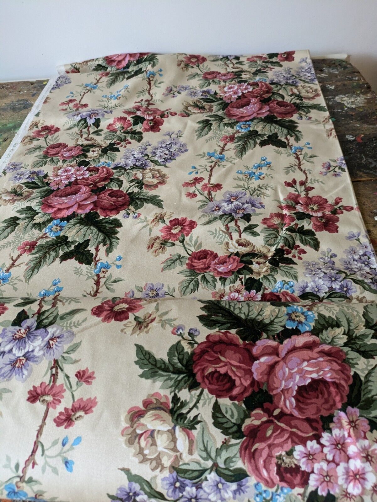 9m X 120cm Vintage Cabbage Rose Woburn an Osprey Screen Print Fabric Material