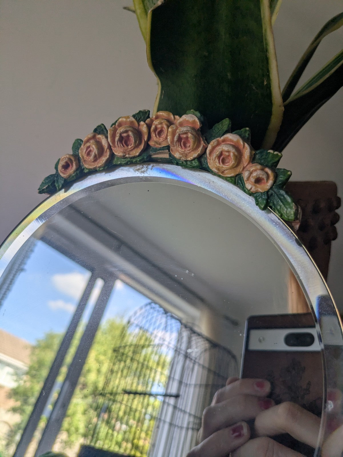 Vintage Barbola Mirror Circa 20s 1930s art deco floral antique Round bevel edge