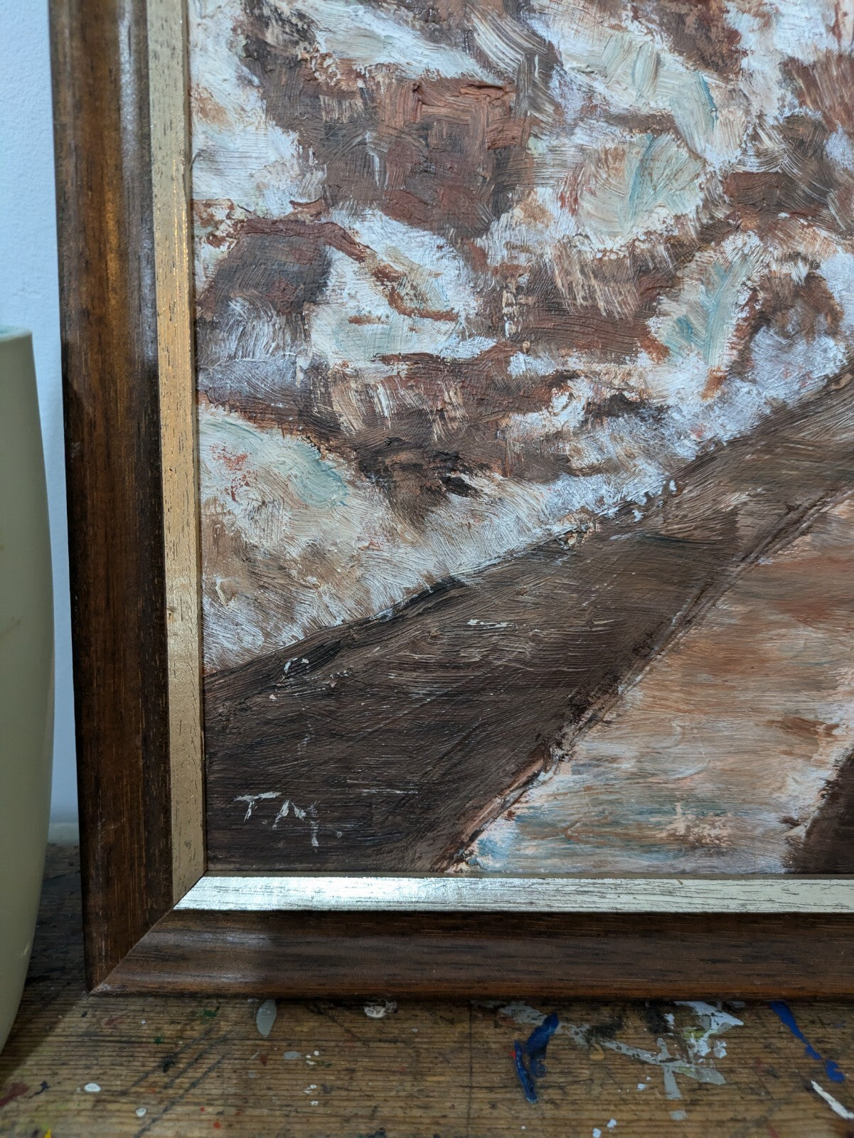 Vtg Painting Wood T Morris Forrest Winter Road Trees Country Picture Landscape