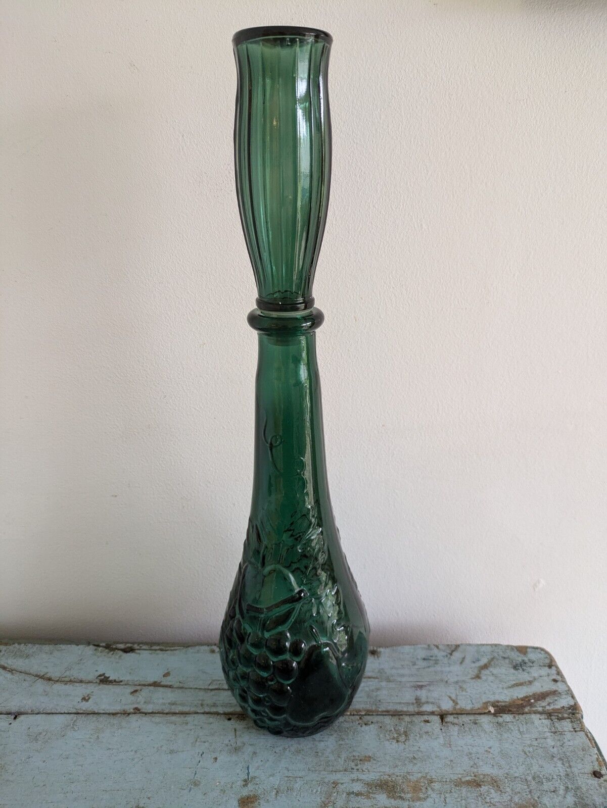 Vintage Green Glass Bottle Decanter With Stopper Fruit Motif DABS Portugal Genie