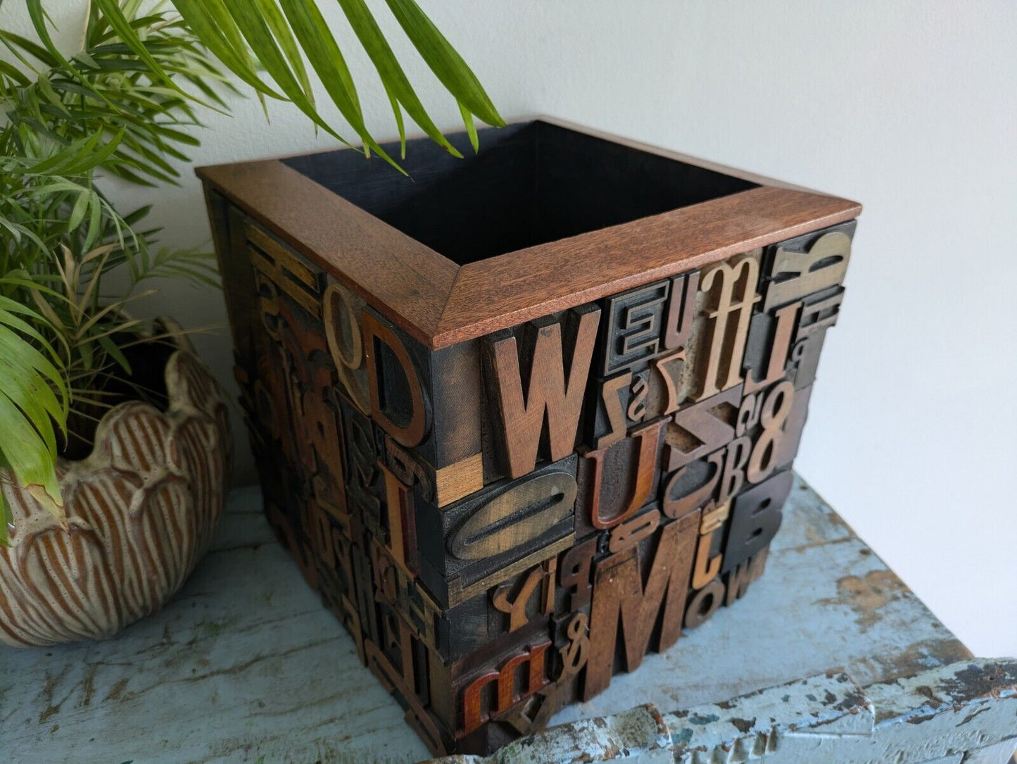 Large Vintage Antique letterpress wooden Printing Blocks Mosaic Planter Pot Bin
