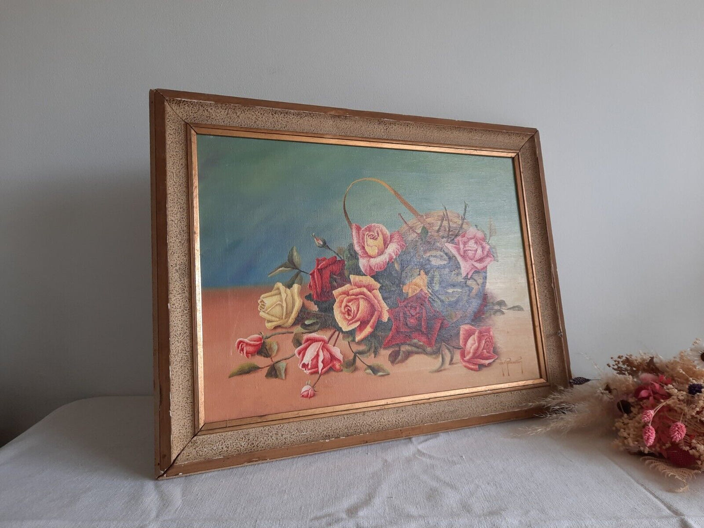 1950's Painting Floral Bouquet Picture frame vintage Shabby Chic Still Life Old
