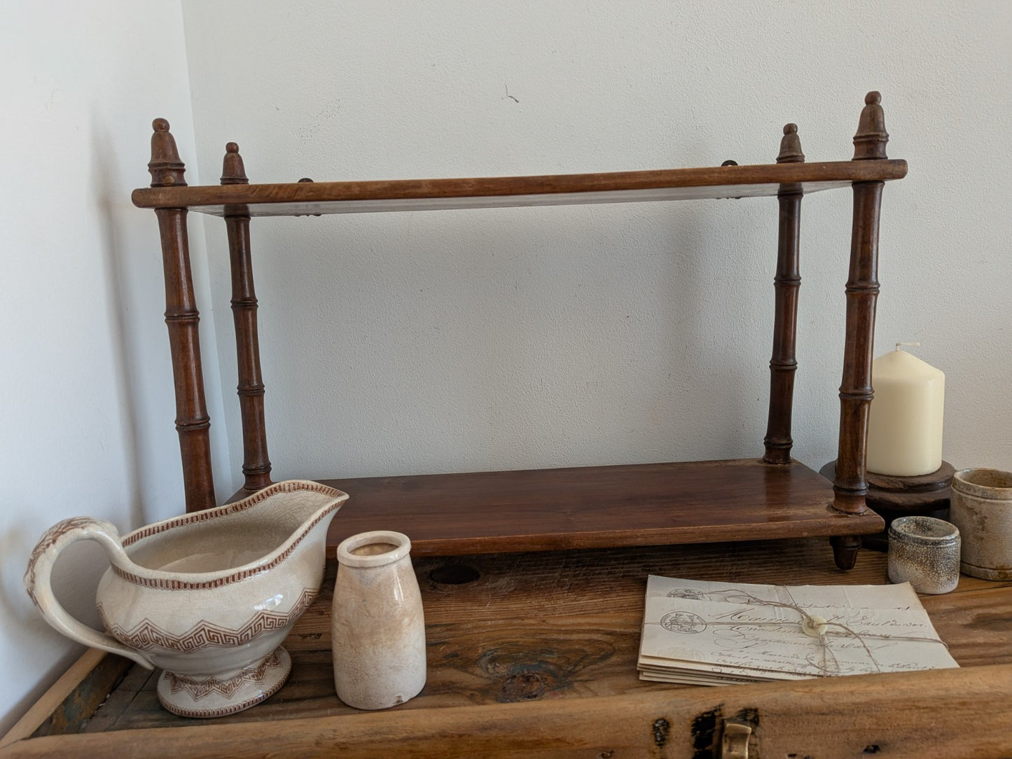 Antique Vintage French Faux Bamboo Wall Shelf Two Tier Wooden Finials Bookshelf