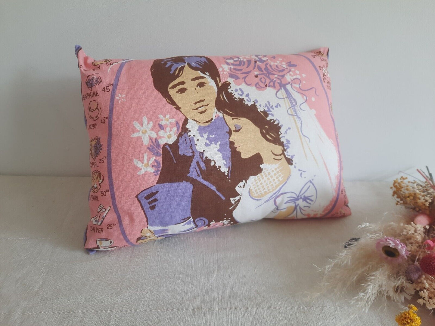 Vintage Upcycled Tea Towel Wedding Anniversary Gift cushion Vintage Retro Pink