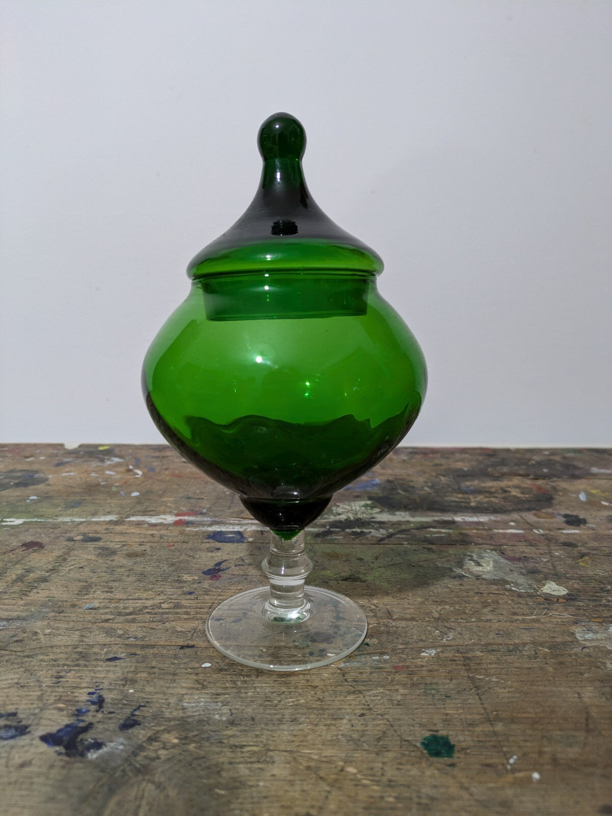 Vtg Mid Century Empoli Italian Glass Bon Bon Jar Emerald Green Clear Stem Circus