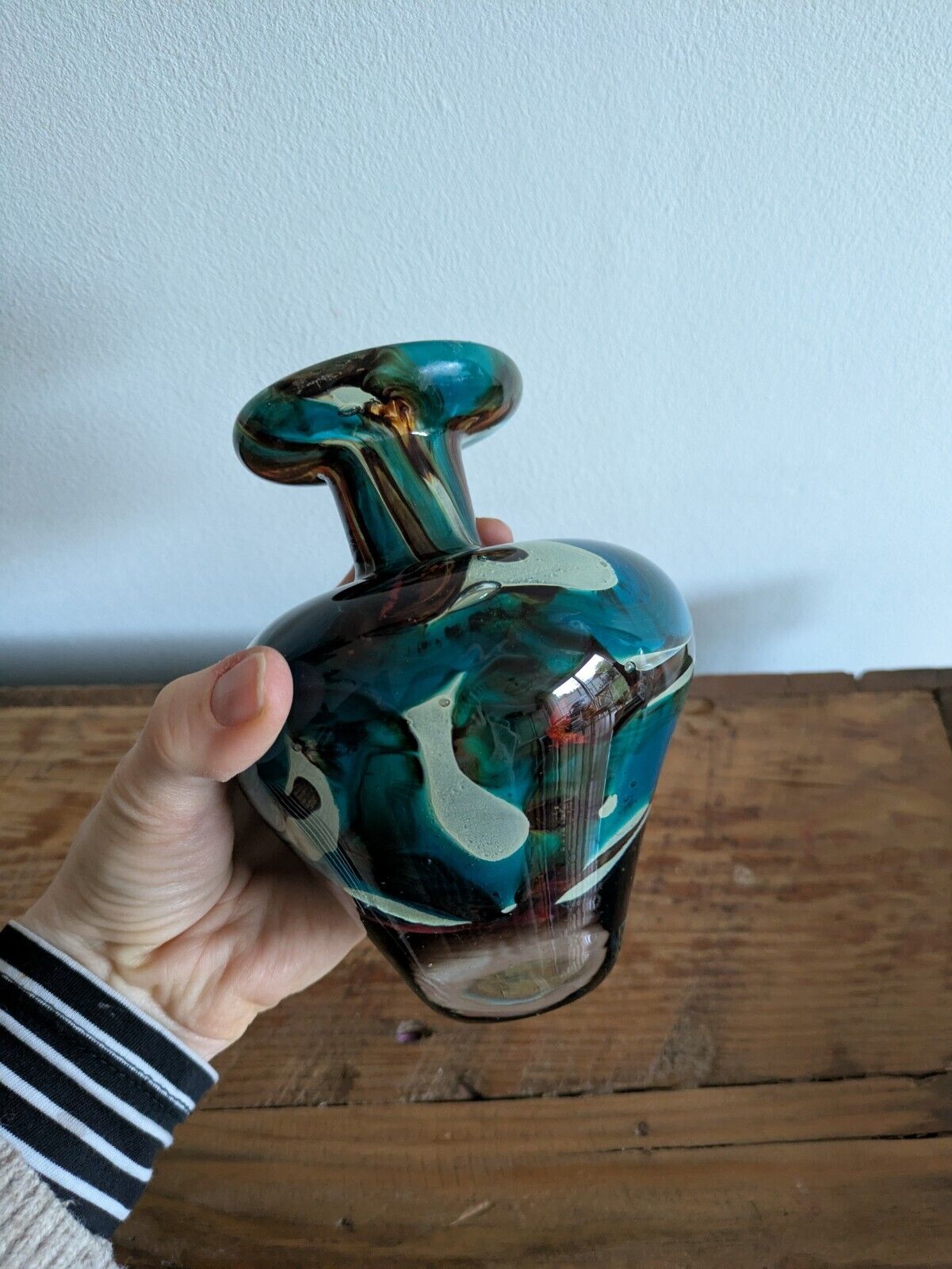 Vintage Mdina Maltese Glass 'Tiger' Pattern Vase Studio Art Retro Blue Brown Vgc