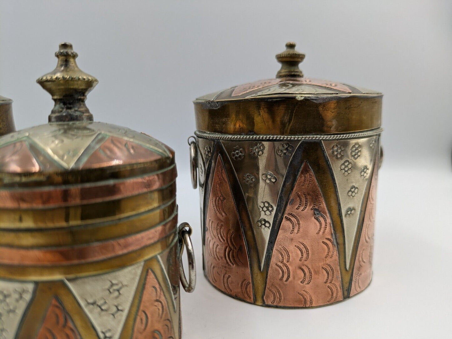 SET OF 3 VTG ISLAMIC PERSIAN COPPER BRASS MIXED METALS SNUFF HANGING BOX GIFT