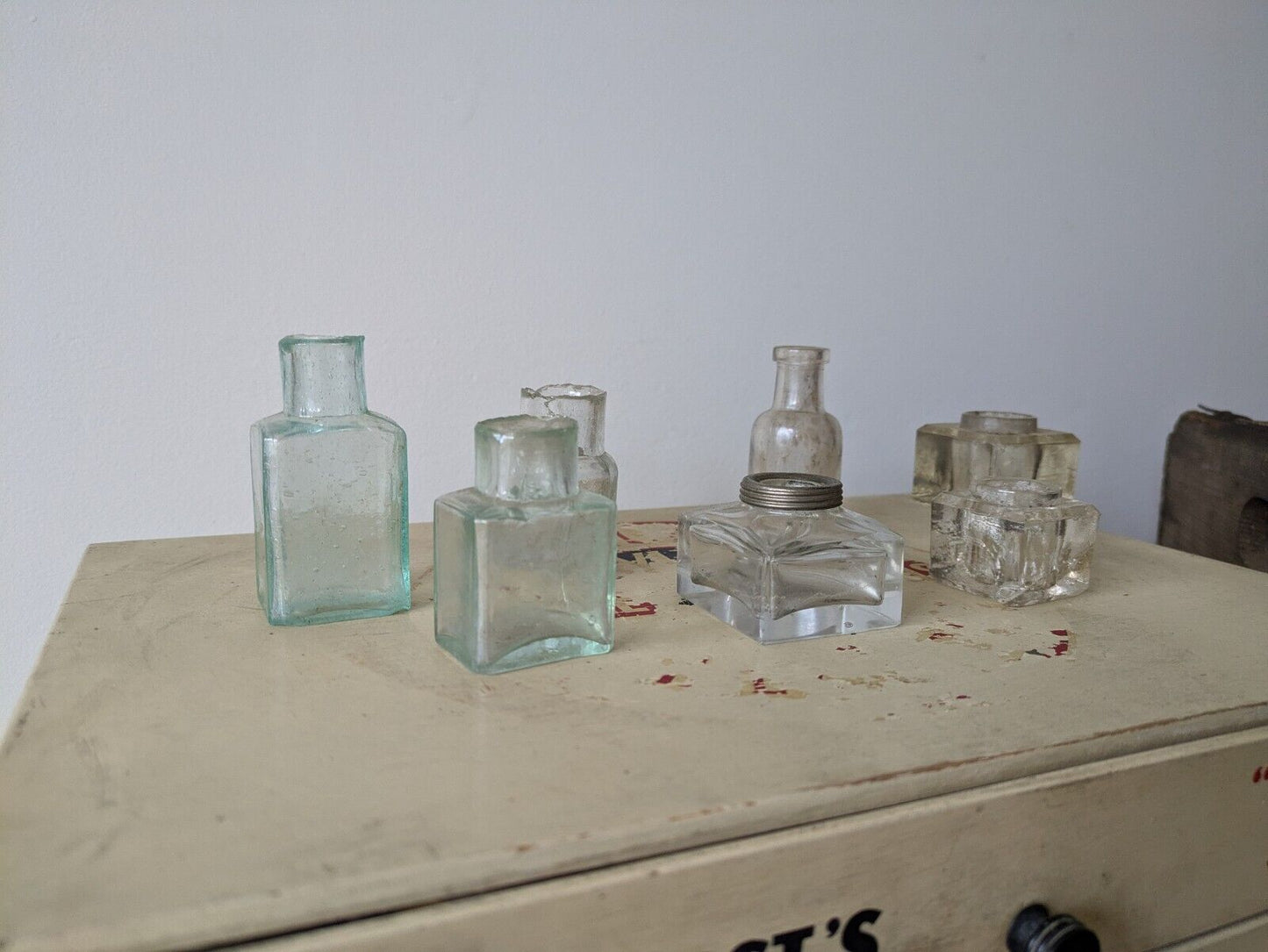 7x Antique Vintage Glass Bottles vase flower original apothecary ink old Bell