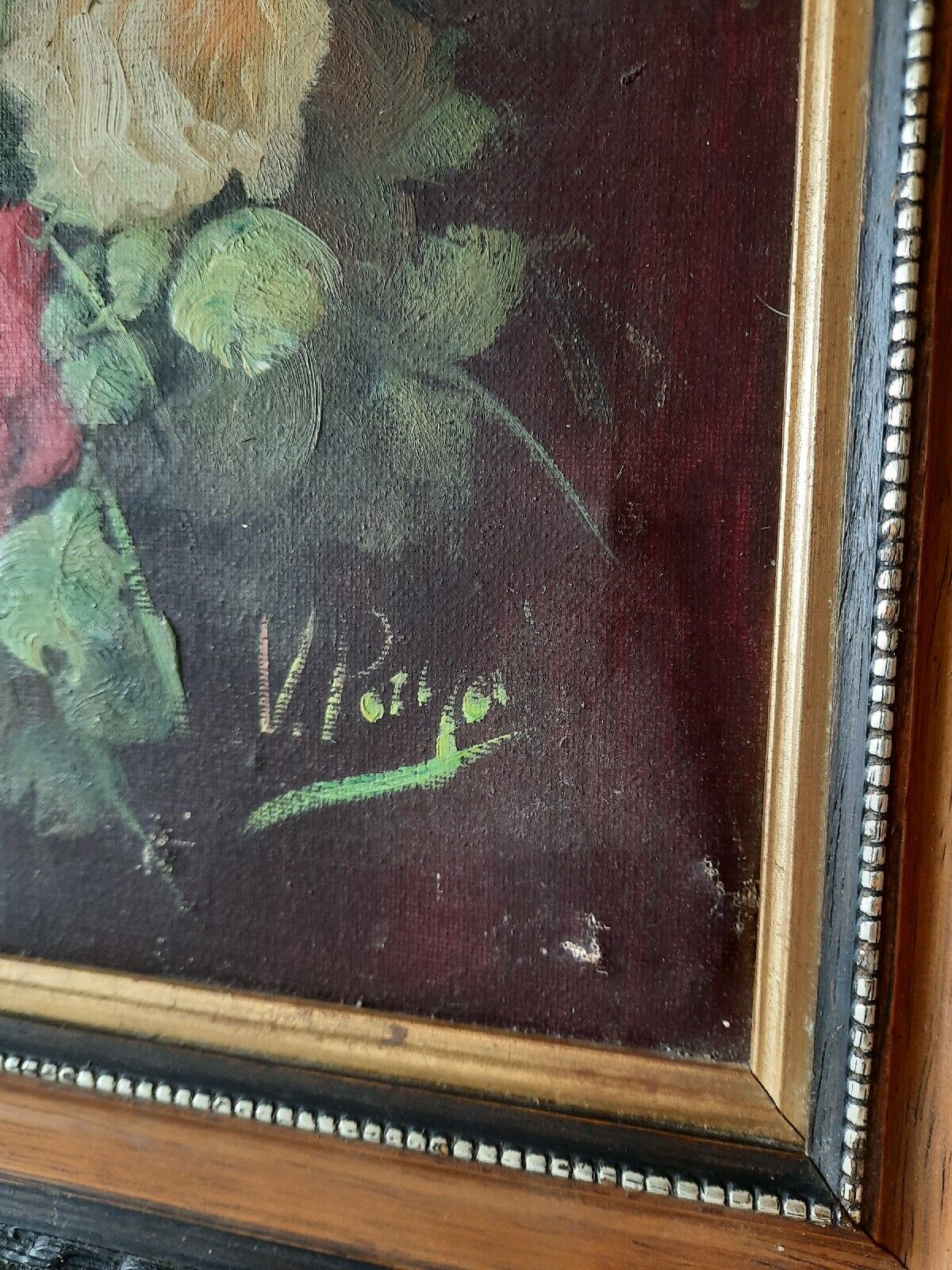 Large Original Vintage Antique Still Life Of Roses Oil On Canvas Painting Antiqu