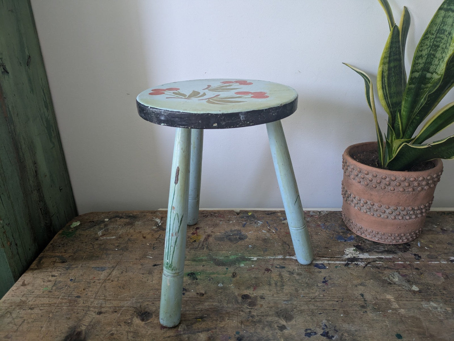 Vintage Stool Folk Art Hand Painted Cherries Blue Chippy Original Antique Tripod