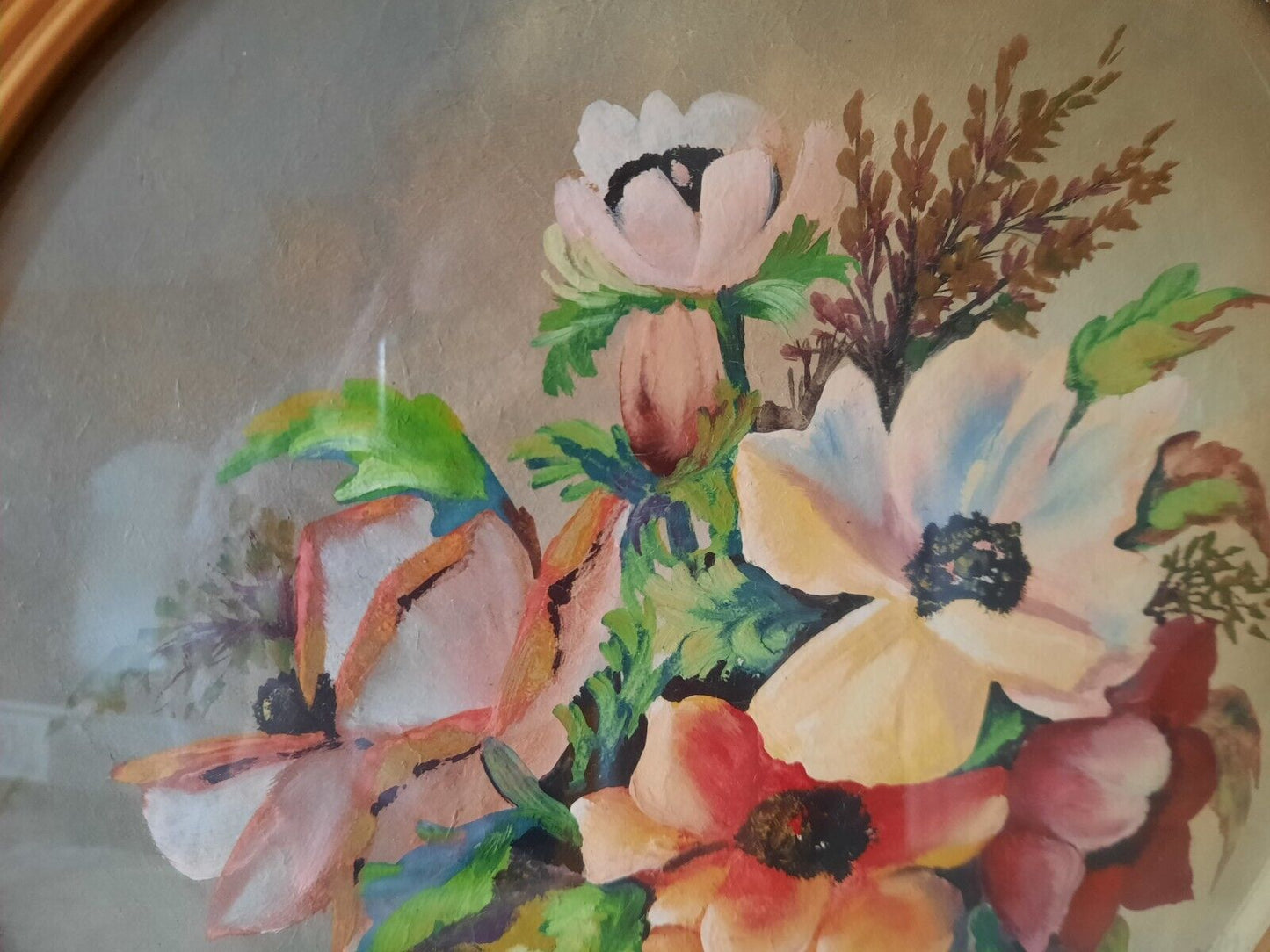 Vintage Retro Framed floral Painting gilt ball cream frame roses convex glass!