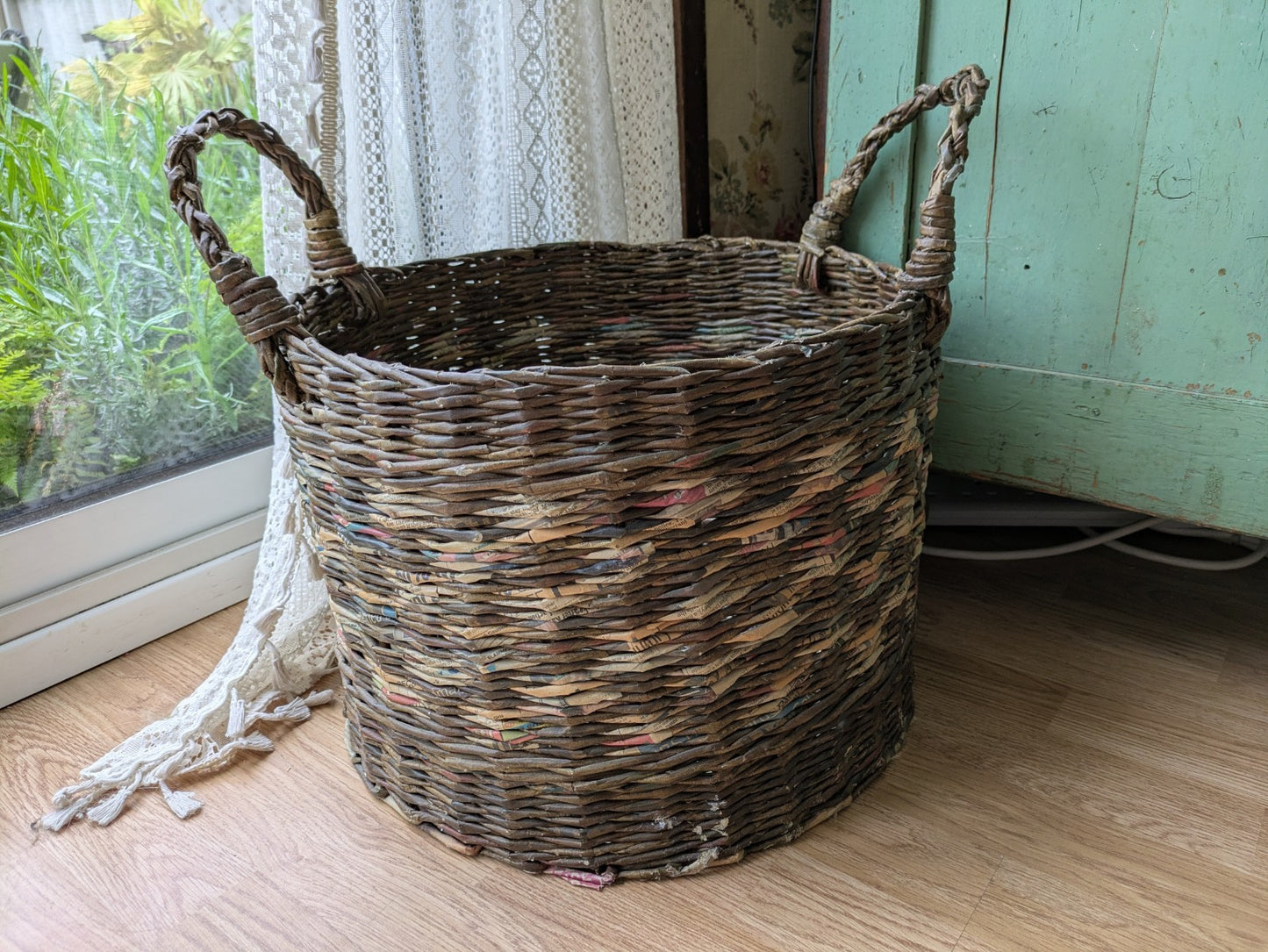 Basket Recycled Newspaper Hand Woven High Sturdy Large Handles Log Laundry Round