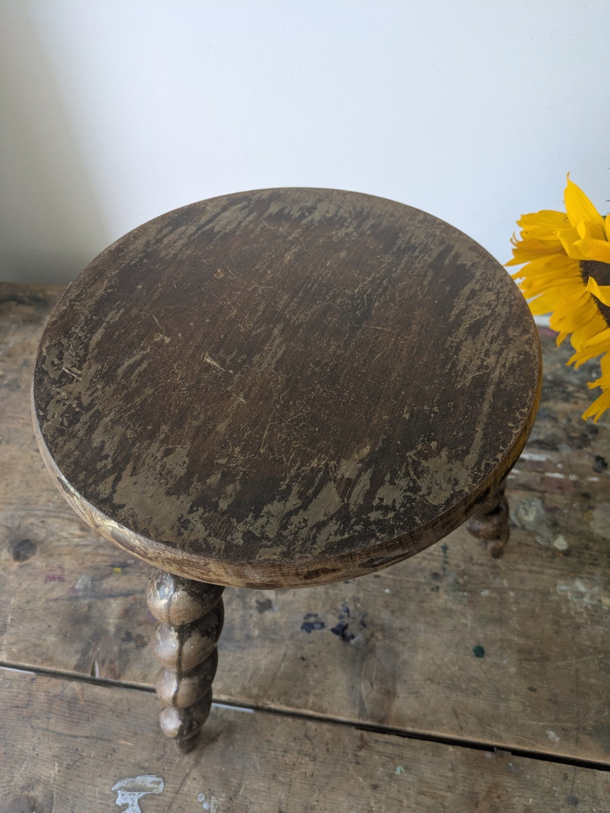 Antique french plant table Mid-1900's woodwork stool Twist Leg Tripod Spiral