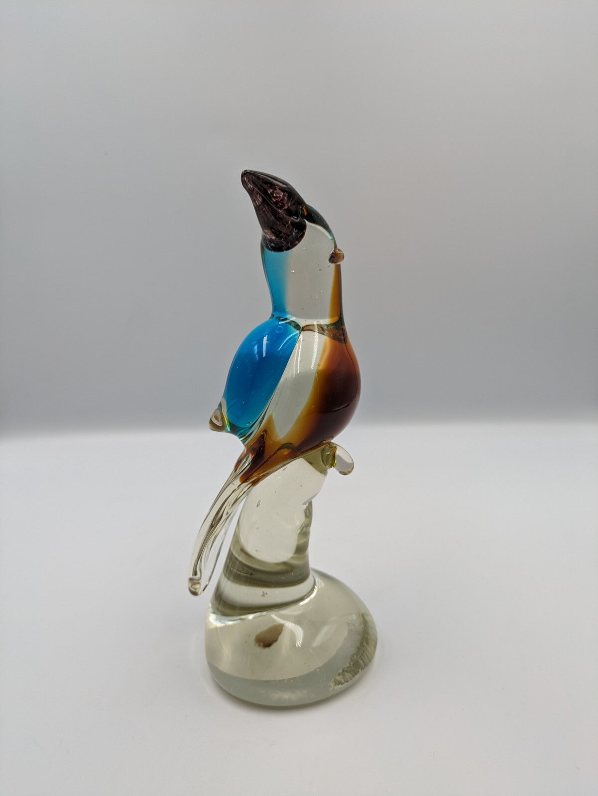 Large Murano Style Heavy Art Glass Brown Blue Bird Vtg Parrot Figurine 21.3cmH