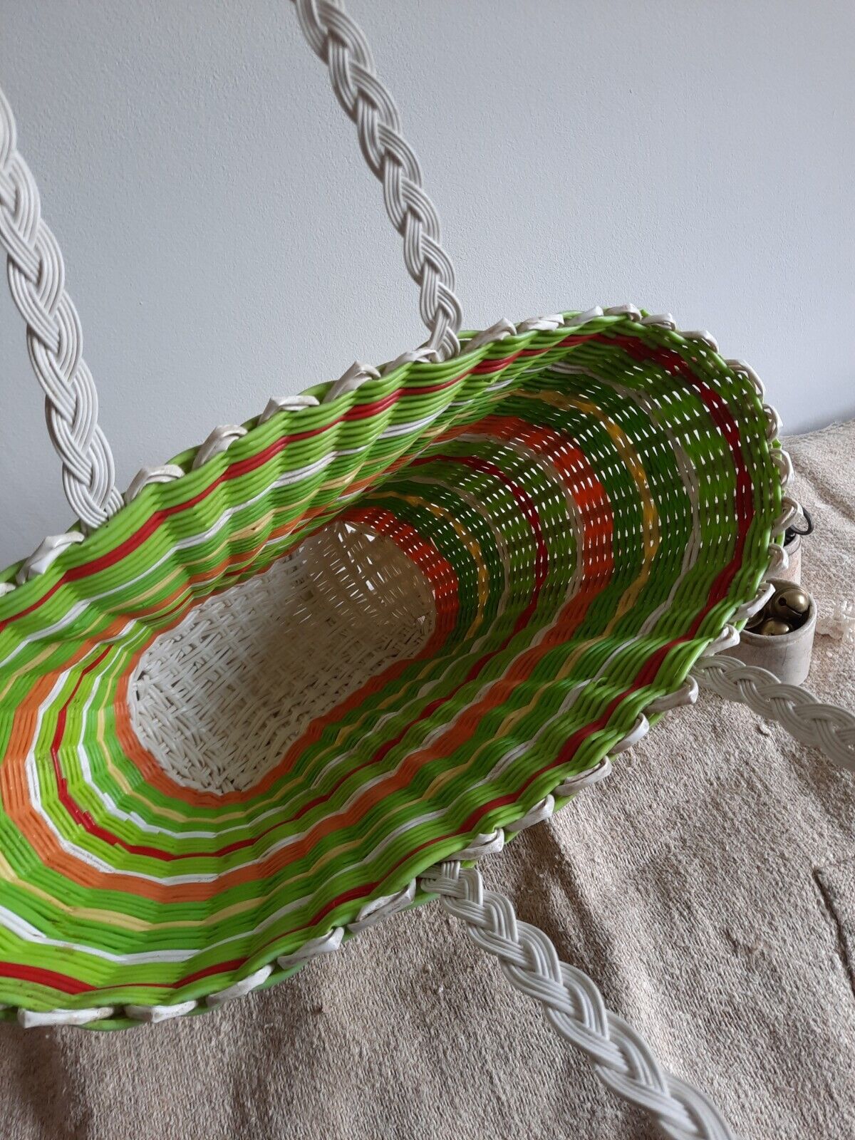 Vintage Woven retro large shopping basket handbag plastic bag green stripe old