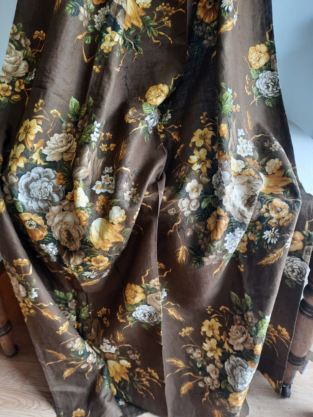 Vtg Moygashell Curtain Brown Fabric Thick 245cmLX 130cmW Retro Rose Floral