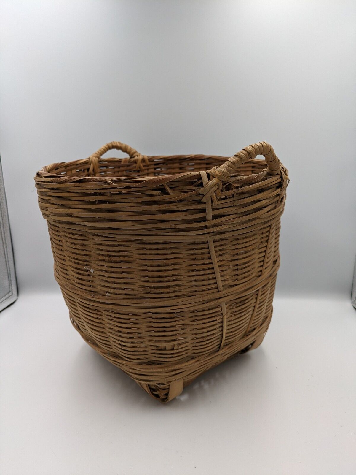 Vintage Asian Wicker Bushel Basket Handles Rattan Frame Storage Sturdy Bucket