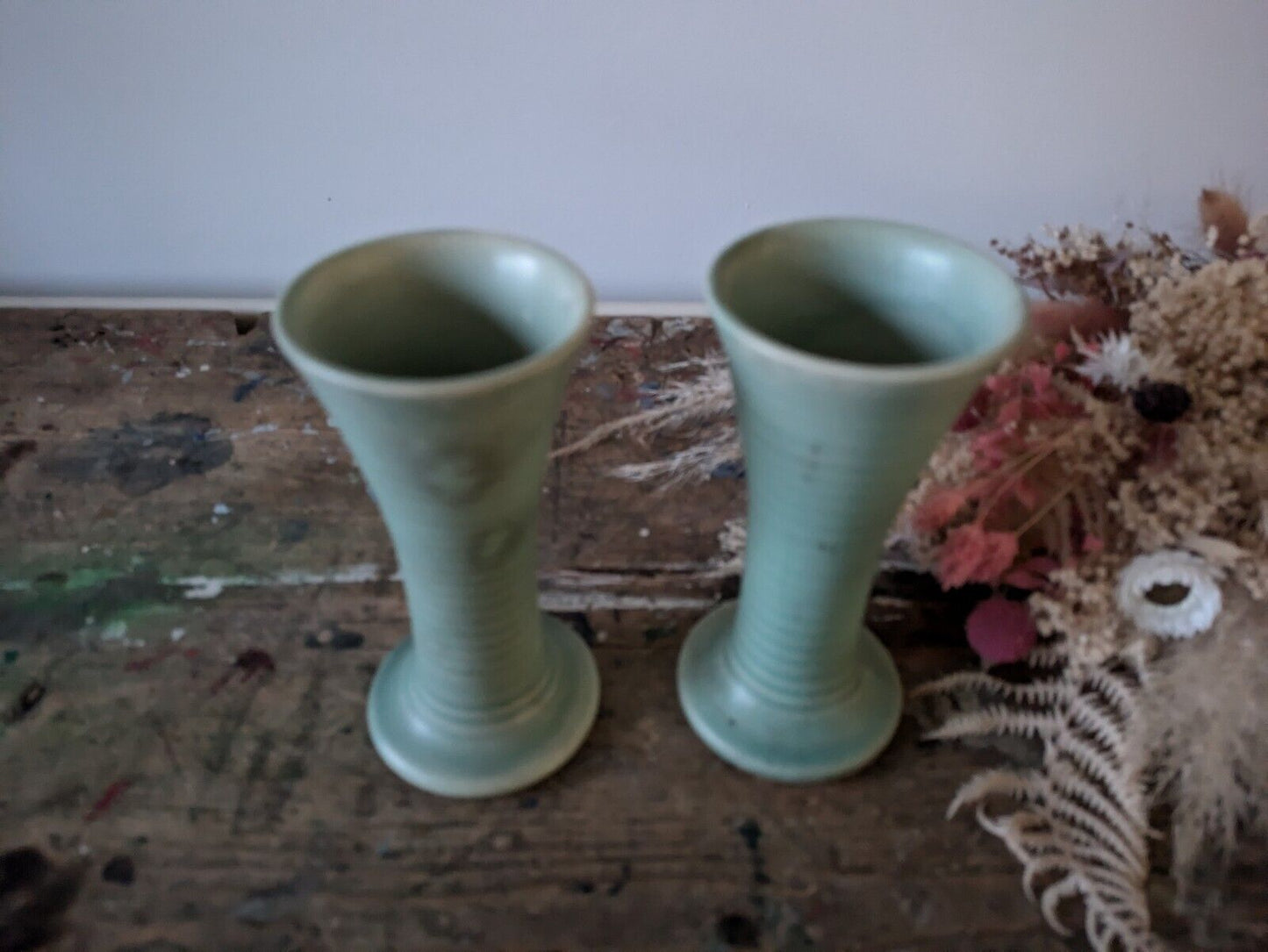2x Lovatts Langley Pottery Ribbed Vase Windsor Green Vintage 1930's Pair Fluted
