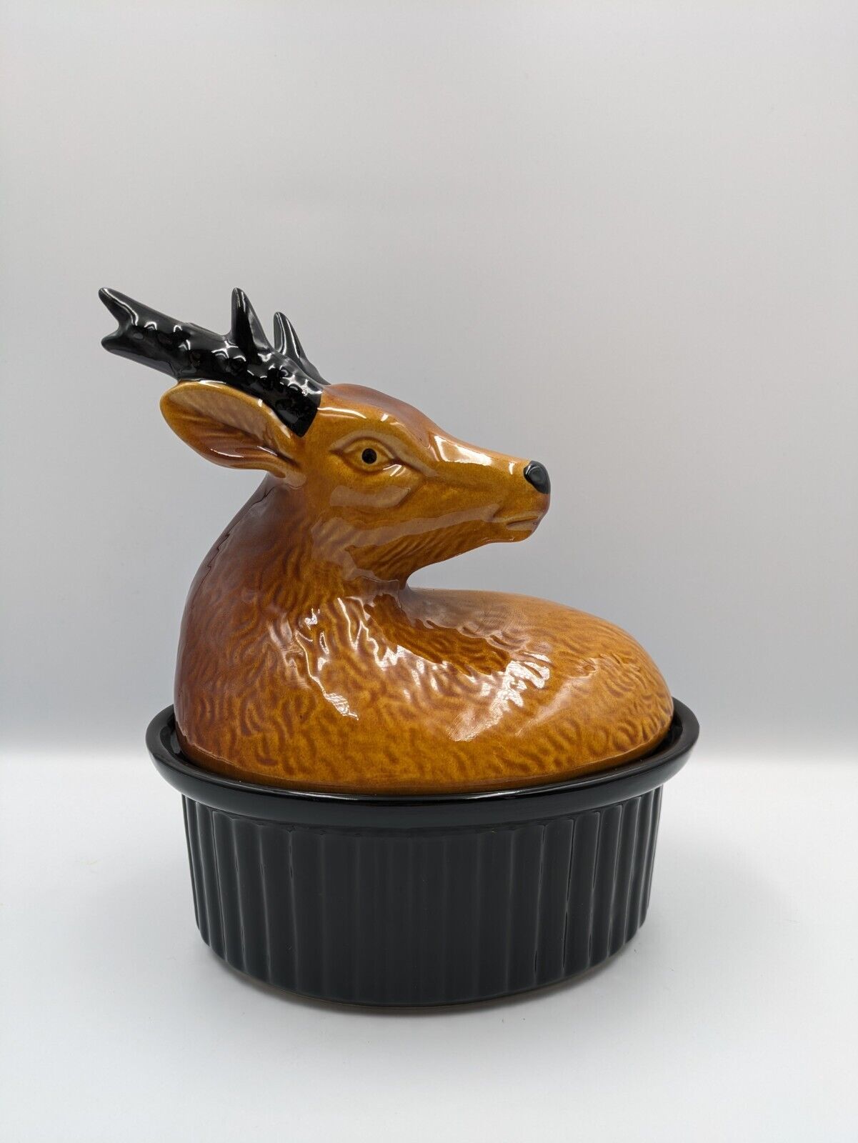 Vtg Majolica French Terrine Tureen Lid Pate Dish Ceramic Deer Game Stag Rare