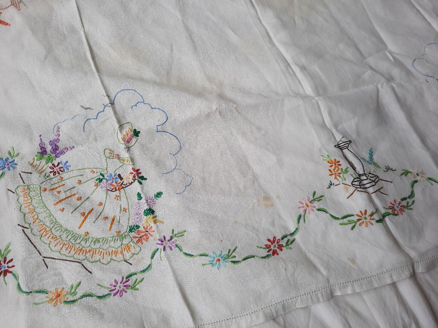 Job lot vtg embroidered retro table cloths cotton floral runner crinoline lady!!