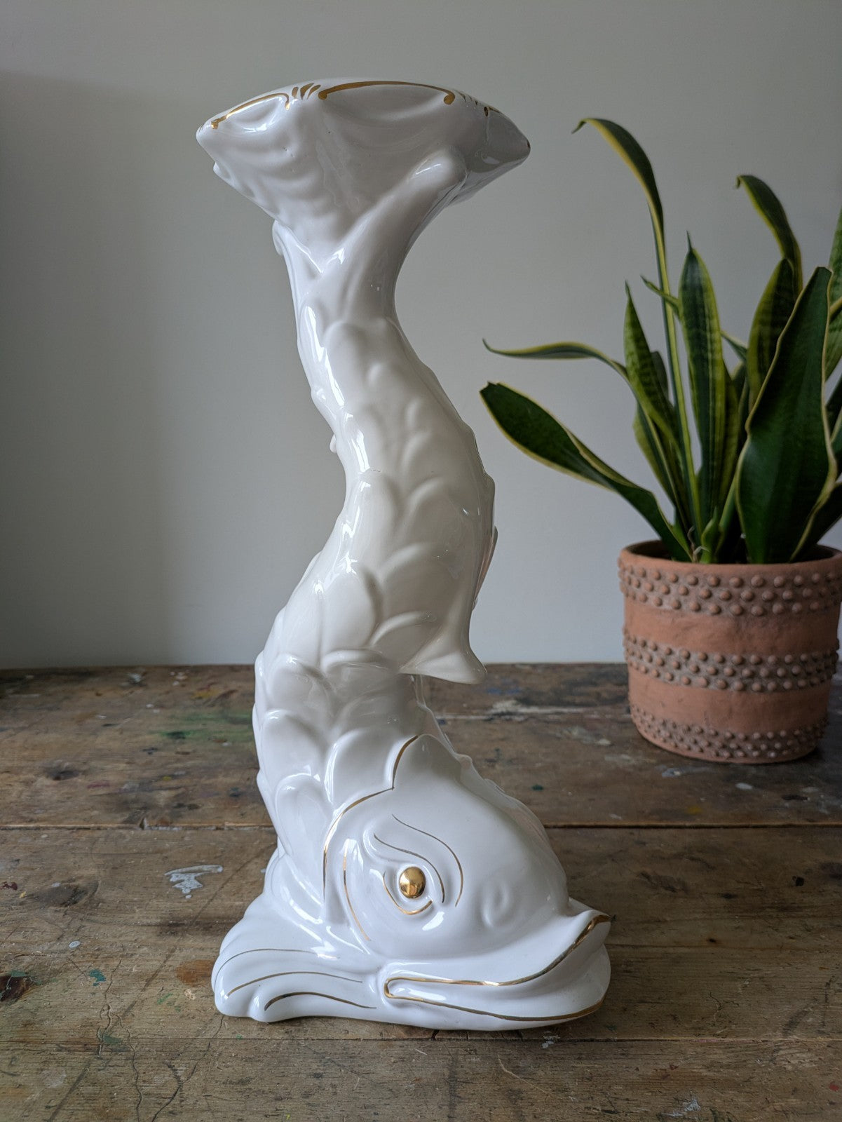 XL DOLPHIN CERAMIC CAPODIMONTE ITALIAN WHITE MID CENTURY VTG PLANT STAND TABLE