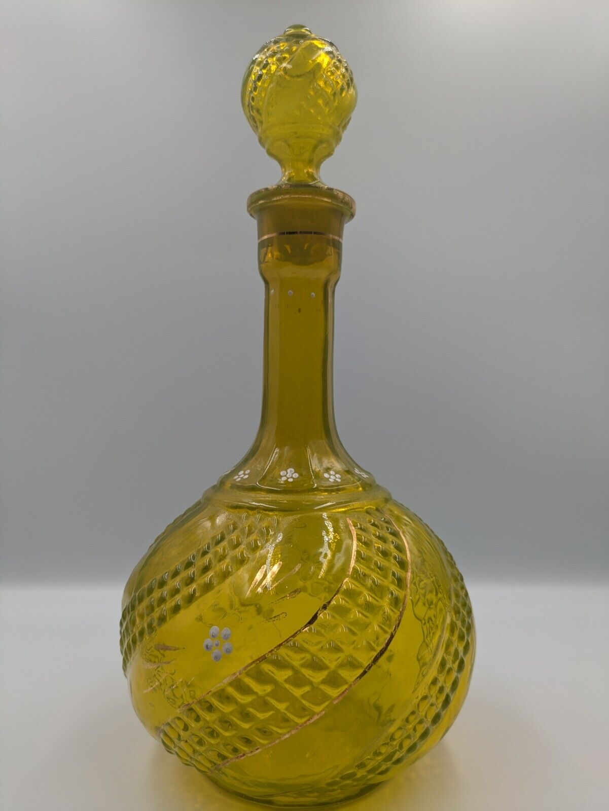 Vintage Yellow Vaseline 1920s 30s Glass Decanter Hand Painted Gold Rare Stopper