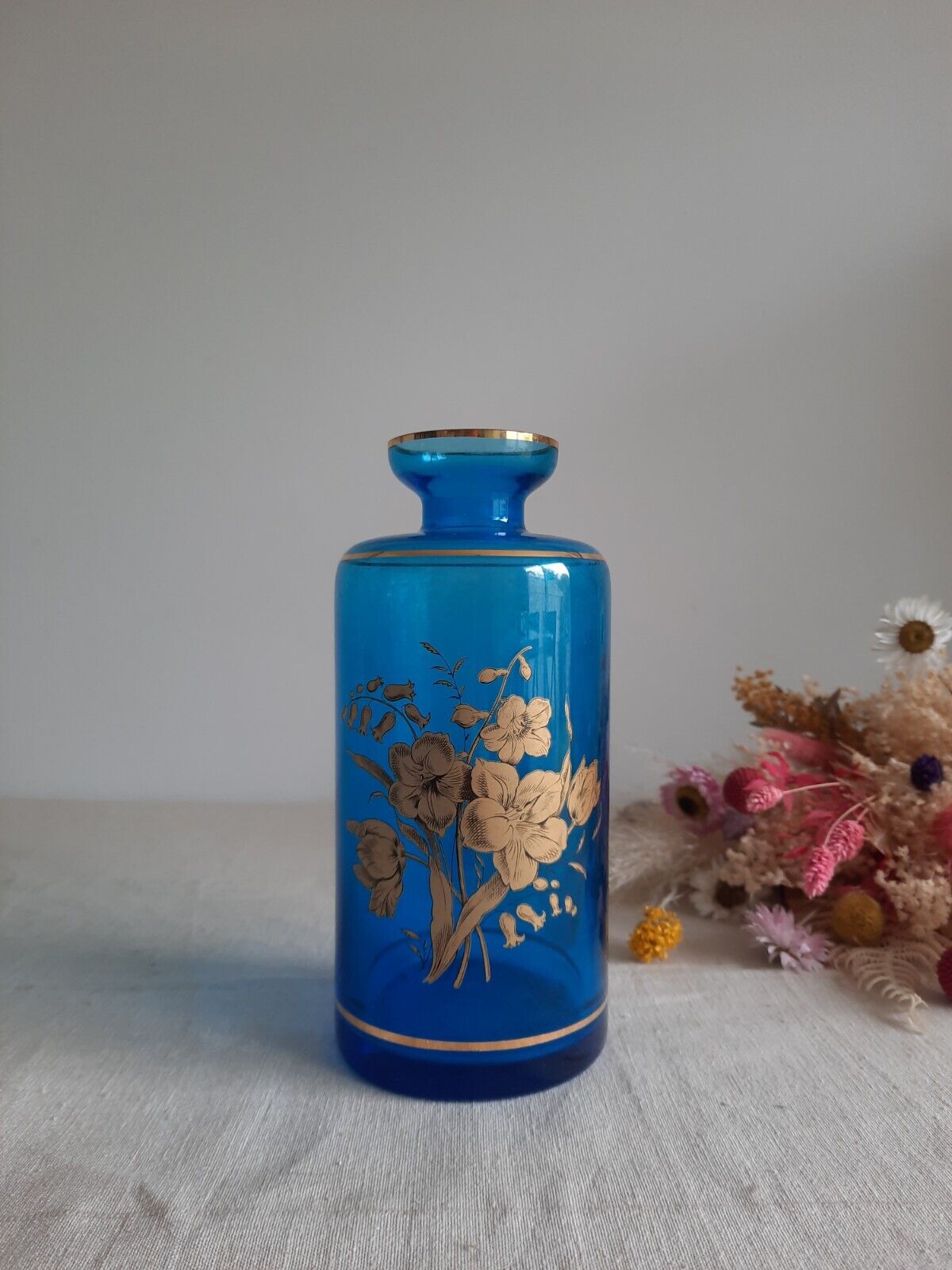 Retro Cobalt Blue Glass Decanter with Floral Gilt Decor Bottle Vase Prop Vtg Old